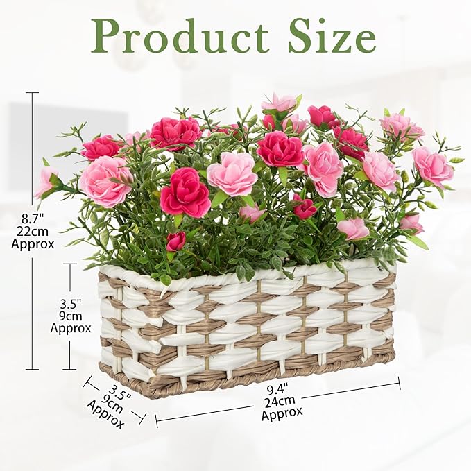 Artificial Rose Flowers with Woven Basket, Faux Blooming Roses in Fake Rattan Planter for Table Centerpiece, Romantic Floral Arrangement for Home Dining Room Wedding Sweet Decor, Hot & Soft Pink