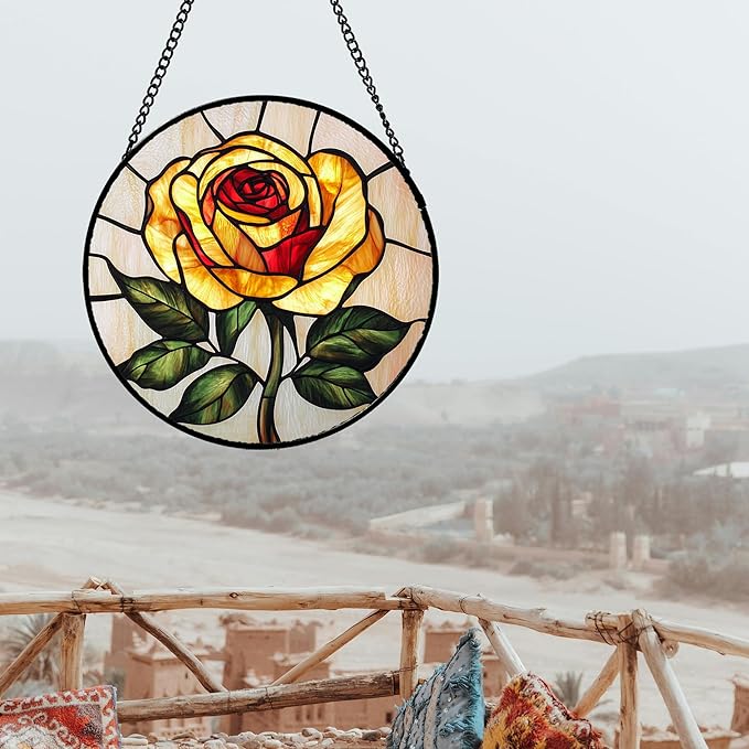 Stained Glass Window Hanging - Elegant Yellow Rose Flower Sun Catcher for Door Garden Home Decor Suncatcher Christmas Mother's Day Birthday Gifts for Women Mom Girl Nana Friend 6.3 in
