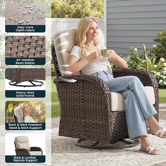 Luxury 6-Inch Cushion Patio Furniture Set, High Back Outdoor Swivel Rocker Patio Chairs with Outdoor Couch, Outdoor Wicker Conversation for Deck Porch Garden Balcony Poolside Beige Cushion