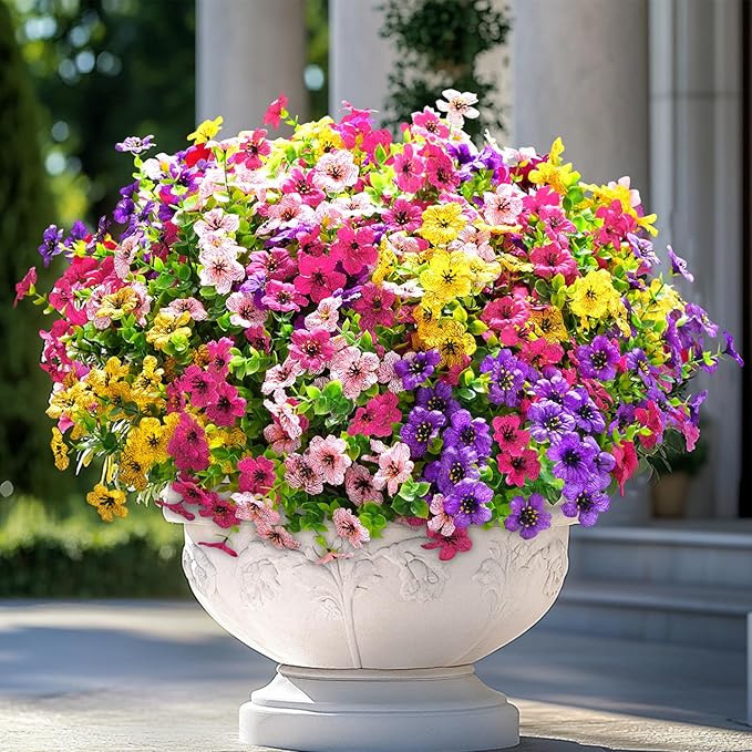 Elyum Artificial Flowers for Outdoors, 36 Bundles Artificial Flowers for Decoration, UV Resistant Fake Outdoor Flowers Artificial Plants for Outside Garden Porch Patio Yard Decor