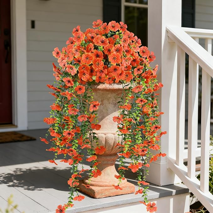 AmberFun Artificial Hanging Flowers for Outdoors,2 Bundles Silk Fake Fall Flowers for Outside, Realistic Faux Plants for Hanging Baskets, Planters-Porch, Patio, Yard Decor(Orange)