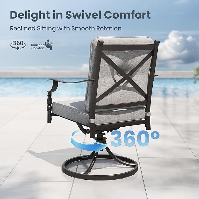 PHI VILLA 5 Pieces Outdoor Dining Set for 4, Square Wrought Iron Table with Umbrella Hole & Swivel Metal Steel Gray Chairs, Modern Dining Furniture Set with Cushions for Patio, Deck, Yard, Porch