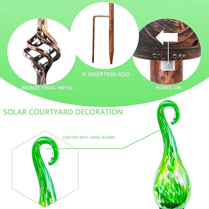 Naboher Garden Solar Lights Outdoor, Decorative LED Pearlized Glass Spiral Garden Stake with Finial, Hand Blown Glass and Metal Outdoor Decoration, 3 x 36 Inch (Green)