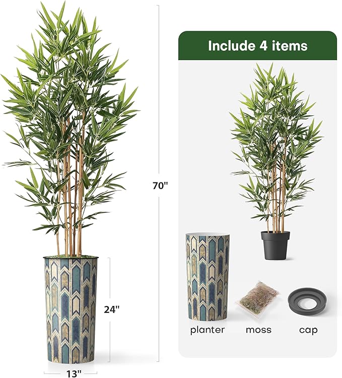 Artificial Tree in Modern Polygon Pattern Effect Planter, Fake Bamboo Silk TRE for Indoor and Outdoor Home Decoration - 70" Overall Tall (Plant Pot Plus Tree)