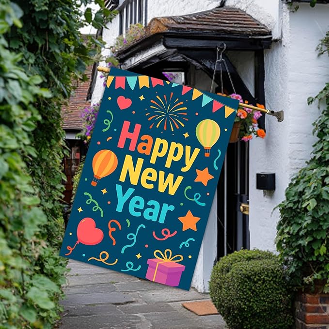 Happy New Year House Flag 28x40 Inch Double Sided Garden Flag Hot Air Balloon Gift Box and Confetti Design Winter Holiday Yard Banner Large Outdoor Flag for Porch Lawn Home Decoration