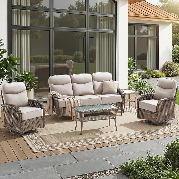 Luxury 6-Inch Cushion Patio Furniture Set, High Back Outdoor Swivel Rocker Patio Chairs with Outdoor Couch, Outdoor Wicker Conversation for Deck Porch Garden Balcony Poolside Beige Cushion
