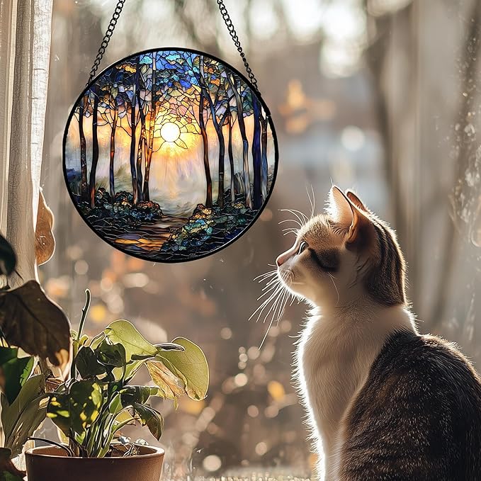 DASTOLL Stained Glass Window Hanging, Forest Sunrise Smoke Blue Brown Tree Suncatcher for Doors Window Home Landscape Sun Catchers Decor Mother's Day Birthday Gifts for Women, Men Mom 9.8 in