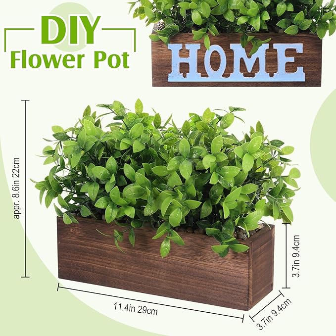Lyrow 2 Pack Artificial Eucalyptus Plant in Rectangular Rustic Wooden Planter Box Faux Potted Herb Plant Table Centerpiece for Kitchen Windowsill Shelf Decor (Brown,11.4 '')