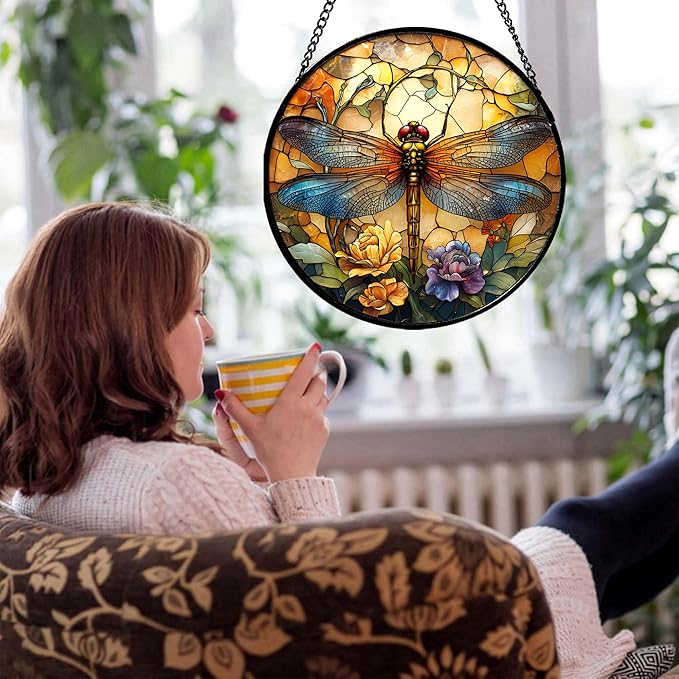 HWRHTR Stained Glass Window Hanging - Orange Blue Dragonfly Flower Suncatcher for Doors Window Home Sun Catchers Decor Christmas Mother's Day Birthday Outdoor Gifts for Women Men Mom Nana 7.8 in