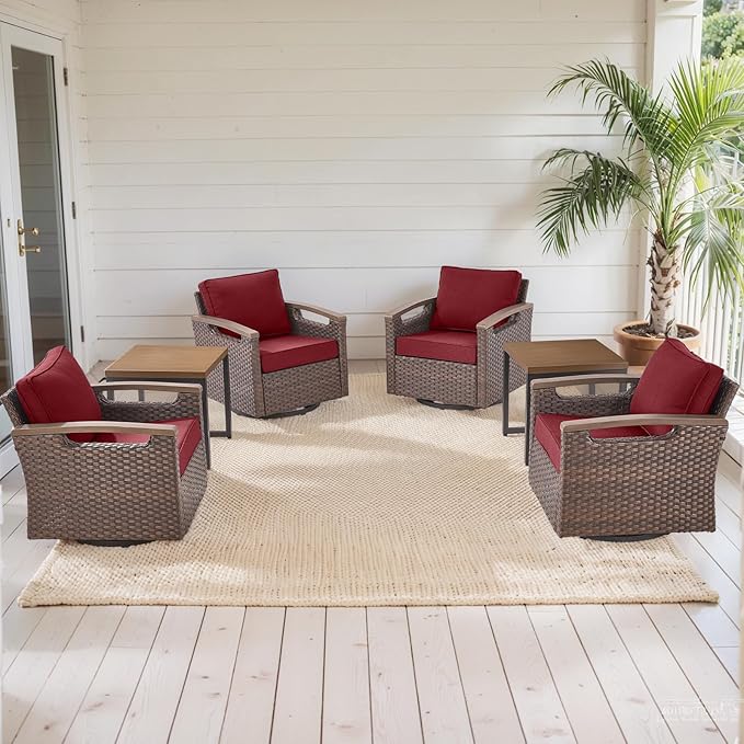 Rilyson 6 Piece Outdoor Patio Swivel Rocking Chairs, All Weather Wicker, Metal Armrest, Deep Seating, Thick Cushions, Side Table, Ideal for Deck Porch Backyard, Brown/Red