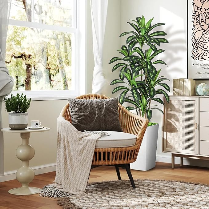 Realistic Artificial Indoor Plant Tree - Tall Fake Dracaena Potted Plant for Home Office Decor, Living Room & Bedroom - Lifelike Faux Plant Tree with Pot-Palm(White, 5FT)