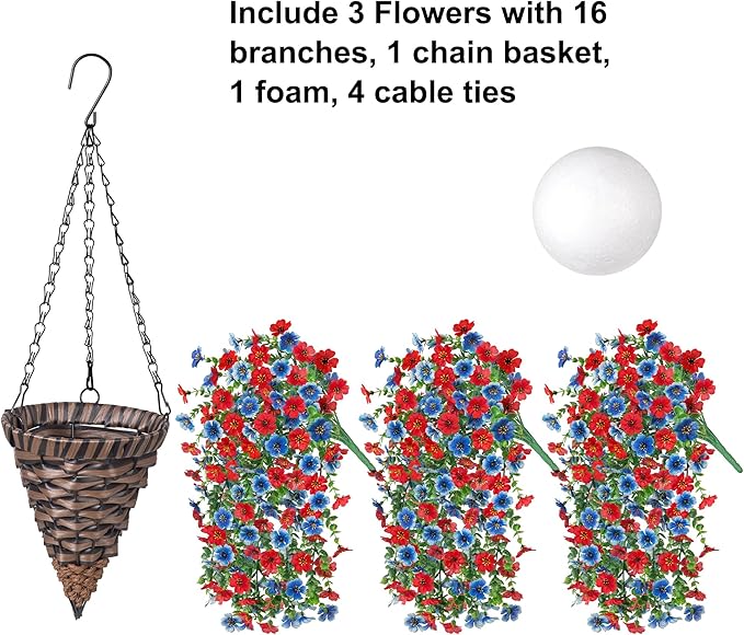 HyeFlora Artificial Hanging Flowers Basket for Outdoor, Fake Flowers Faux Plants Look Real for Yard Gardens Porch Patio Home (Blue+Red)