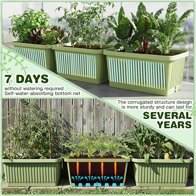 3 Pcs 28 Inches Large Planter Boxes Deep Rectangular Planter Boxes Outdoor Lightweight Plastic Planting Flower Pot with Drainage Holes Plant Pot for Patio, Courtyard, Lawn, Outdoor