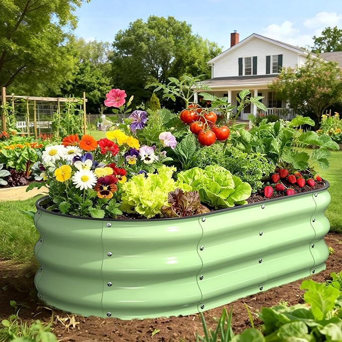 Galvanized Raised Garden Bed, Oval Planter Raised Bed 4x2x1ft Metal Raised Garden Bed Outdoor for Growing Vegetables, Flowers, Herbs, Metal Planter Box for Yard, Patios, Balconies(Fruit Green)