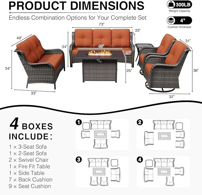 Joyside 6 Piece Wicker Patio Furniture Set with Fire Pit Table, Outdoor Swivel Rocker Patio Chairs with High Back, Deep Seating, Wide Armrest, Thickened Cushions, Outdoor Furniture for Deck, Porch Use