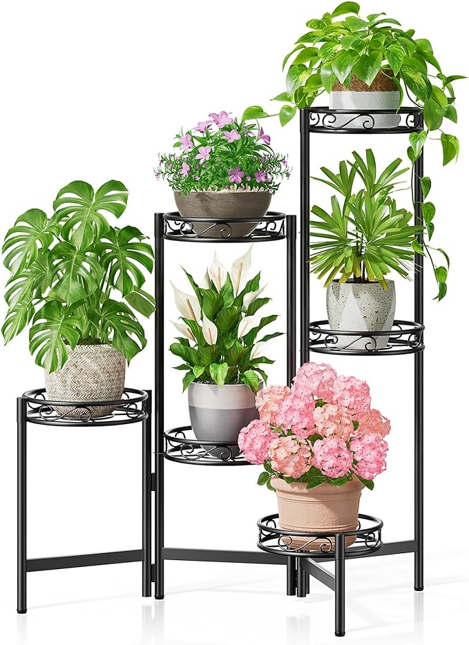 NQW Plant Stand Indoor Outdoor, 6 Tier Metal Flower Shelf for Multiple Plants Corner Tall Floding Flower Holders for Patio Garden Living Room Balcony Bedroom - BlackCircle
