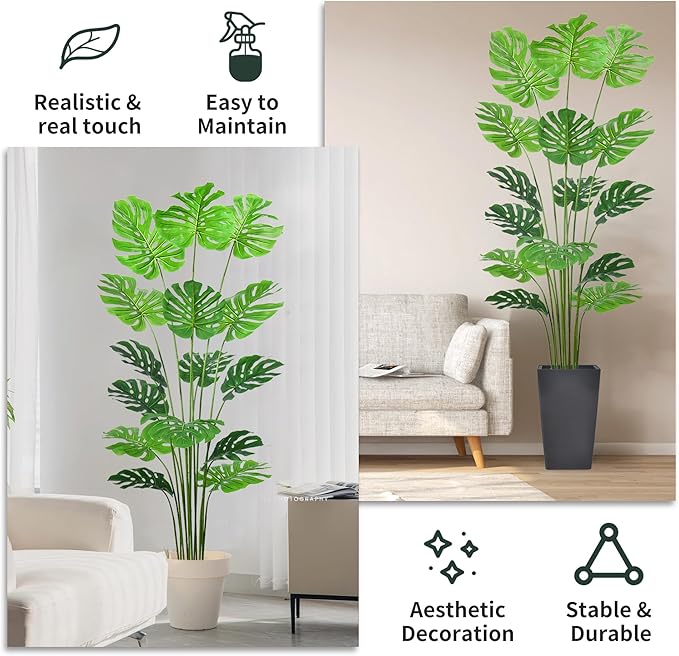 6FT Artificial Tree, Large Fake Monstera Deliciosa Plants with Real Touch Leaves,Faux Tropical Palm Trees for Home Room Decor Indoor Outdoor(1Pack)