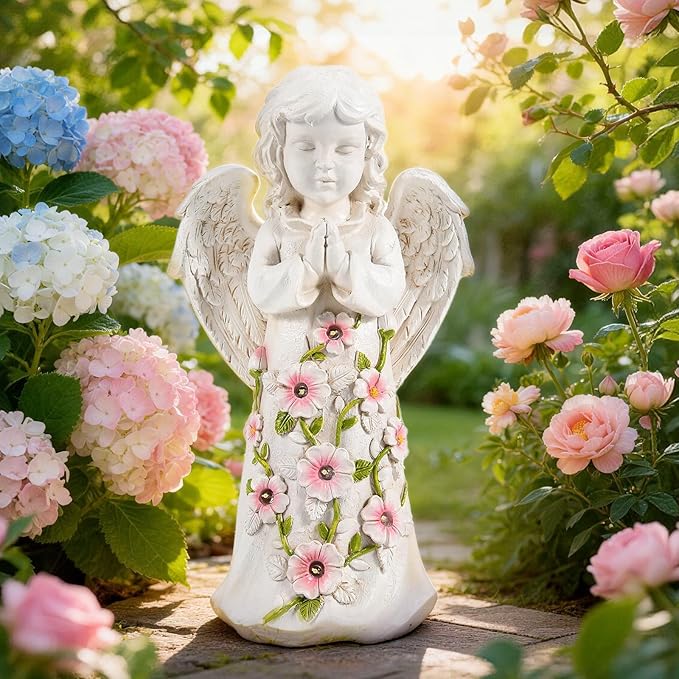 Nacome Garden Outdoor Statues Angel with Succulent and 7 LED Lights – Lawn Decor for Patio, Balcony, Yard Ornament - Chrismtas Gifts for Mom Grandma