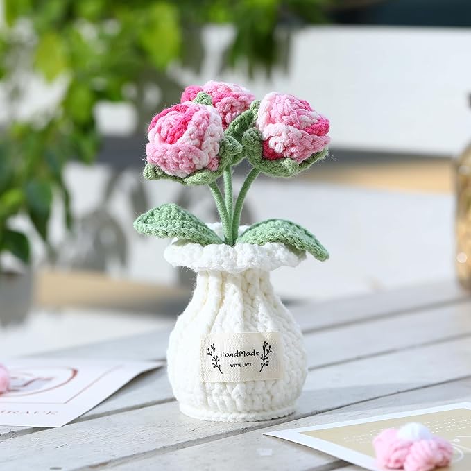 YOOJEE Crochet Rose Flower Potted Plant – Pink, Valentines Day Gift for Her, Handmade Knitted Romantic Desk Decor