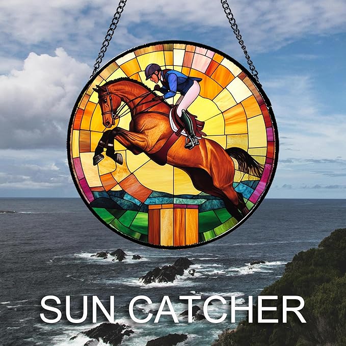 Stained Glass Window Hanging Equestrian Sports Large 11.8" - Horse Suncatcher Door Garden Sunroom Sun Catcher Home Decor Birthday Christmas for Mom Men Woman Nana