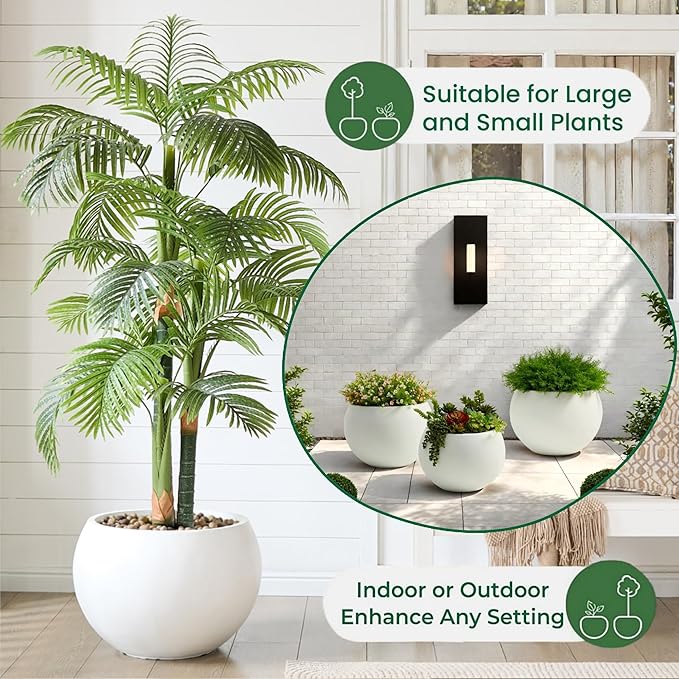 FloraFairy 21.3" D Fiberstone Extra Large Planter, 16.6" Pot Opening x 14.8" H, Spherical Flower Pot with Drainage Hole, Weather Resistance Indoor Outdoor Planters, White