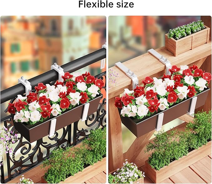 Y&M 6 PCS Adjustable Window Box Brackets for Planter Box, Heavy Duty Wall Mounted Hooks Hangers for Flower Baskets Holder White Steel Mounting Durable, Suitable for Fence Pergola Patio Garden Balcony