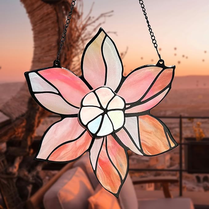 DASTOLL Stained Glass Window Hanging - Pink Flowers Suncatchers for Windows Hanging Floral Sun Catcher for Plant Lovers Anniversary Love Gift