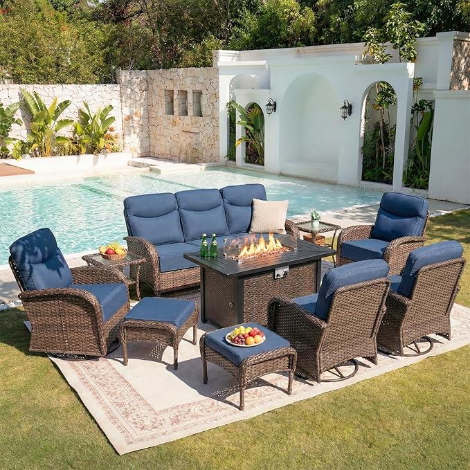 Belord Upgraded 6“ Cushion Luxury 10 Piece Patio Furniture Set with Fire Pit Table - Outdoor Couch & High Back Swivel Rocker Patio Chairs Set, Wicker Outdoor Furniture for Deck Porch Yard - Brown/Blue