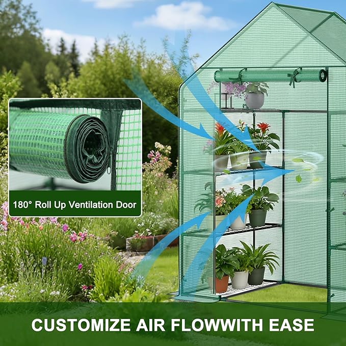 Grezone Walk-in Greenhouse Upgraded Green House with Thicken PE Cover, 3 Tiers 8 Shelves for Outdoors，Heavy Duty Plastic Plant Warm House with Reinforced Frame (56x28x77 in)