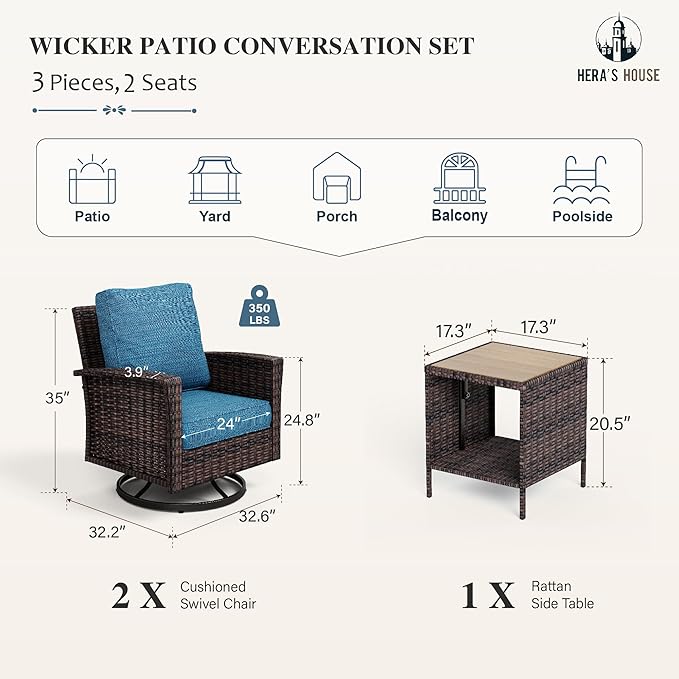 HERA'S HOUSE 3-Piece Outdoor Patio Furniture, High Back Swivel Chairs Set of 2 with Rattan Table, Brown Wicker Conversation Bistro Set with 5.5” Thick Cushion for Deck Porch Balcony Garden Lawn, Blue