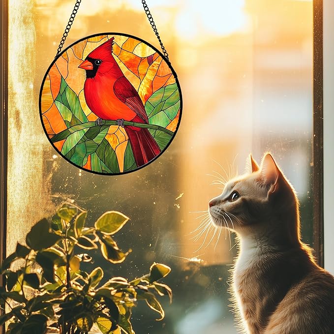 DASTOLL Stained Glass Window Hanging 4 Pcs Set Birds 7.8" - Cardinal Blue Jay Suncatcher Door Garden Sun Catcher Decor Birthday Christmas for Bird Lovers Mom Woman Nana Men