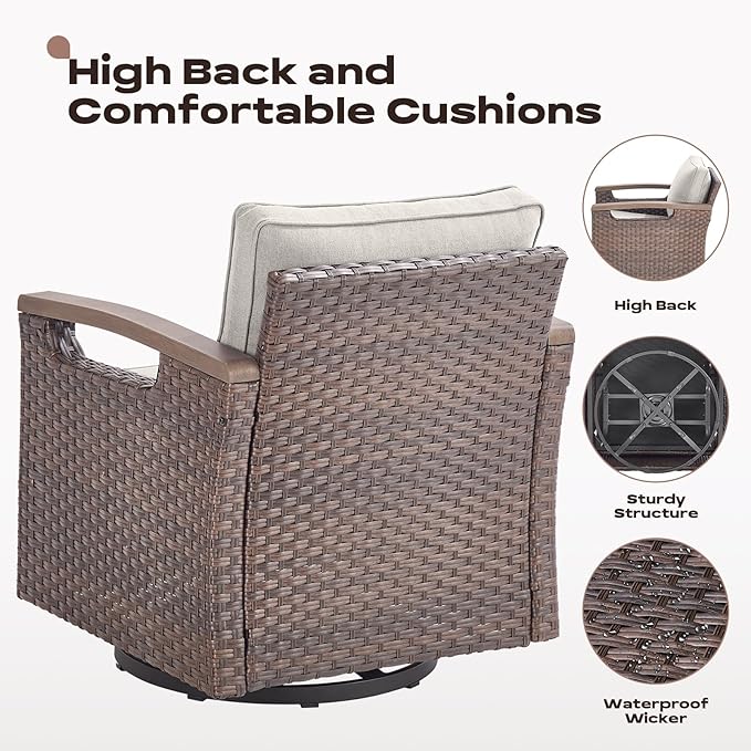 Rilyson Wicker Outdoor Patio Furniture Set - 5 Piece Patio Conversation Sets with Swivel Rocker Chairs, Ottomans and Sofa, Thick Cushions, Waterproof Wicker, for Porch Deck Brown/Beige