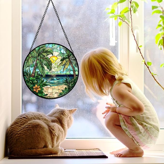 DASTOLL Stained Glass Window Hanging, Green Beach Scenery Suncatcher Diamond Glass Panel Hangings Sun Catchers Decor for Birthday for Women, Men, Wife, Aunt, and Mom 6.3 in