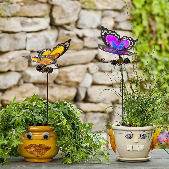 Voumsil Butterfly Garden Stakes,Butterfly Kit Made of Glass and Metal,Colorful Butterflies Garden Decorations Can Make The Garden Full of Color and Vitality. (Yellow and Purple)