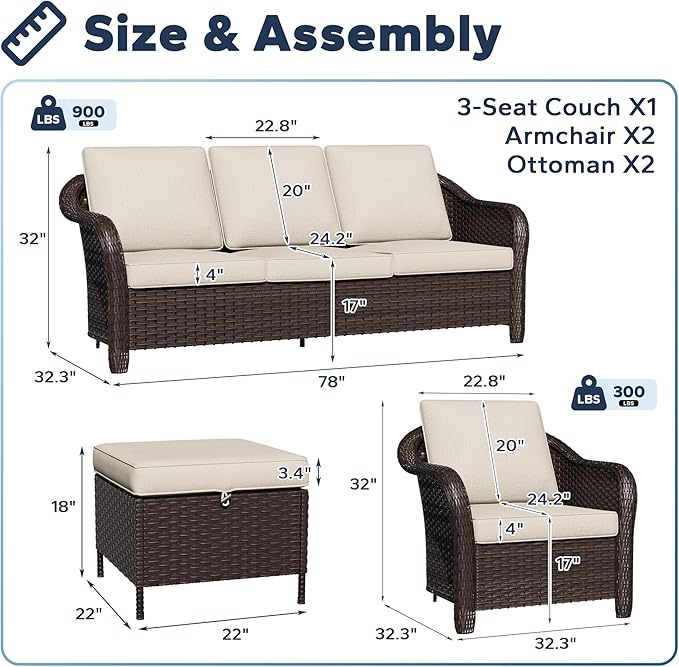 5 PCS Outdoor Conversation Set | 78" Couch, 2 Chairs, 2 Ottomans, Patio Wicker Conversation Furniture with Removable Cushions for Bistro, Deck, Sunroom (Beige)