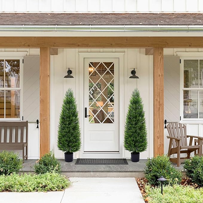 VIVATREES 2Pack 5ft Outdoor Artificial Cedar Topiary Trees, All-Weather Faux Pine for Home Porch Entryway Decor