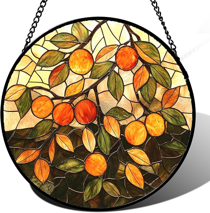 AMDERVEN Stained Glass Suncatcher, Orange Green Fruit Tree Sun Catcher Landscape Stain Glass Window Hanging Decoration Mother's Day Birthday Gifts for Women Men Mom Nana 15 in