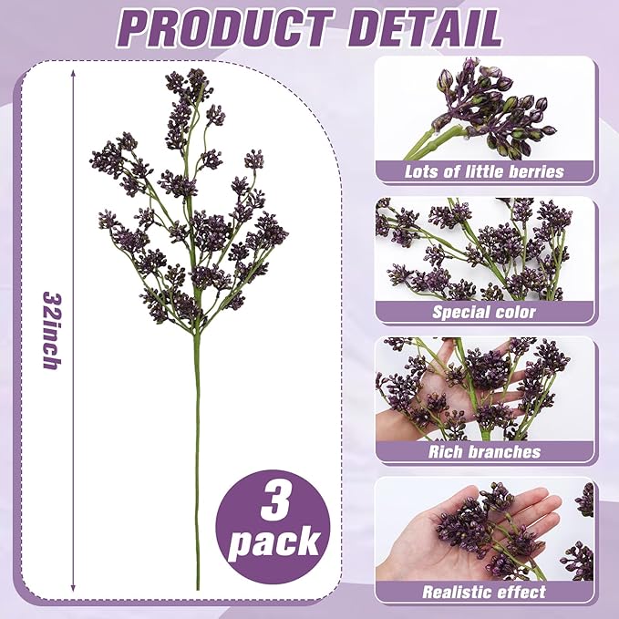 3 Pcs Plum Faux Berry Stems Artificial Dusty Sedum Berry Stems Picks Branches Faux Spray for DIY Holiday Farmhouse Home Mantel Harvest Decorations (32 Inch)