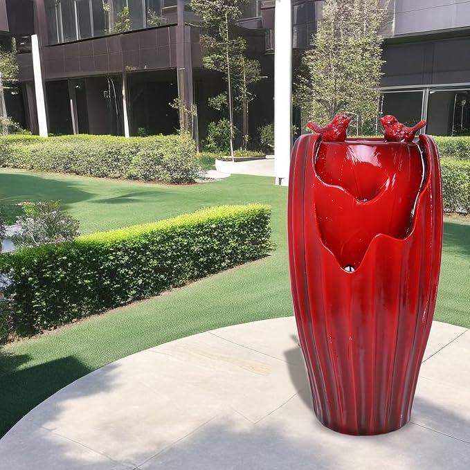 Ferrisland Red Fountain with LED Lights, 20" H Resin Vase Outdoor Freestanding Fountain with Adjustable Water Pump, Outside Garden & Backyard Decking Décor