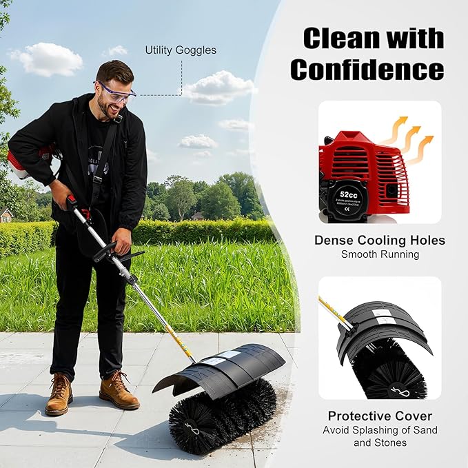 52cc Handheld Lawns Sweeper, 2-Stroke Air Cooled Fuel Engine Gas Power Sweeping Broom Machine, Power Snow Sweeping Cleaner for Cleaning Driveway Turf Lawns Artificial Grass