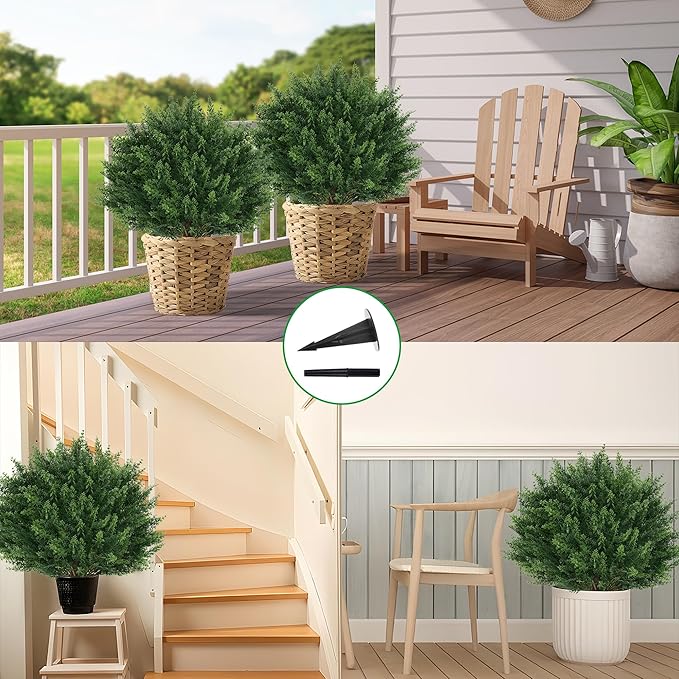 Grooy Artificial Cypress Topiary Tree with Ground Spike, Set of 2 Artificial Shrub Bushes, Fake Evergreen Tree for Porch, Artificial Plants for Outdoor Planters Indoor UV Resistant