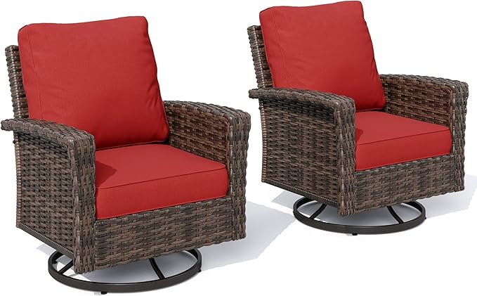 HERA'S HOUSE Outdoor Swivel Chairs with 5.5" Thick Cushions, 35" High Back Patio Furniture Sets, Oversized Wicker Rattan Chairs for Deck Balcony Backyard, Red