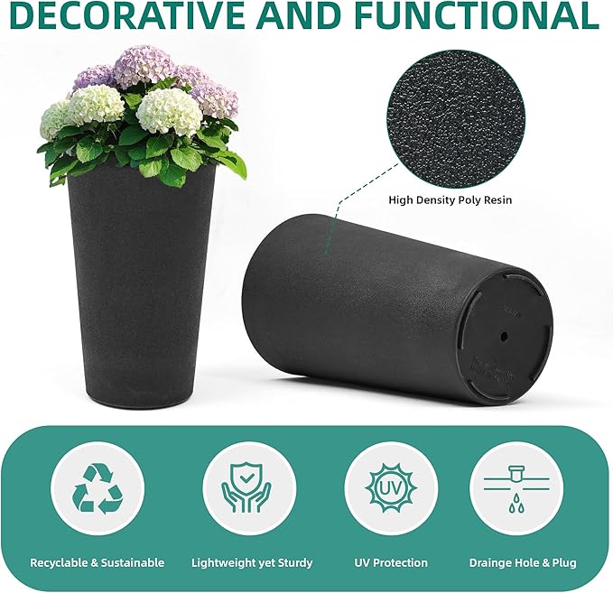 Autodaya 24" Tall Planters Set of 2, High-Density Resin Charcoal Outdoor Pots for Plants, Versatile Indoor/Outdoor Flower Pots w/Drainage Hole for Patio, Garden, Porch & Living Room Decor, Ideal Gift