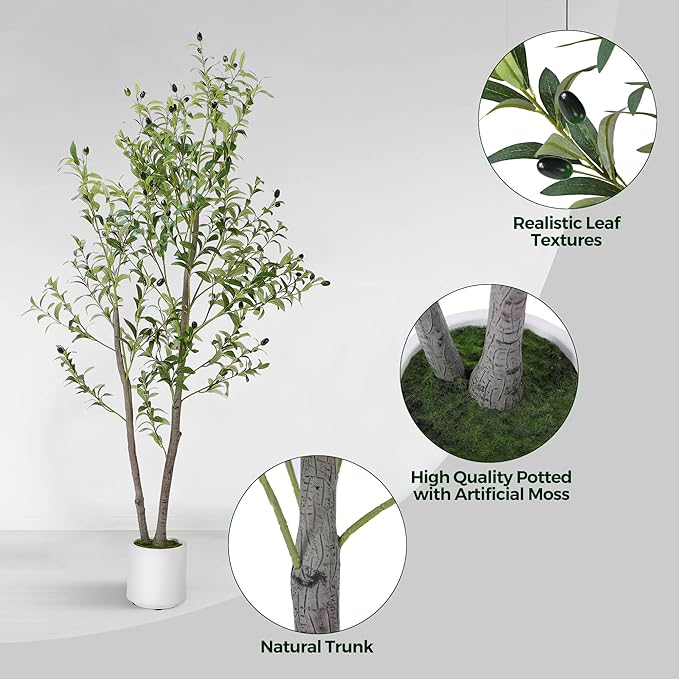 Artificial Olive Tree 5FT, Indoor Fake Silk Plant with Realistic Trunk, Leaves, Fruits and White Planter, Faux Potted Tree for Home Decor and Housewarming Gift, 1 Pack
