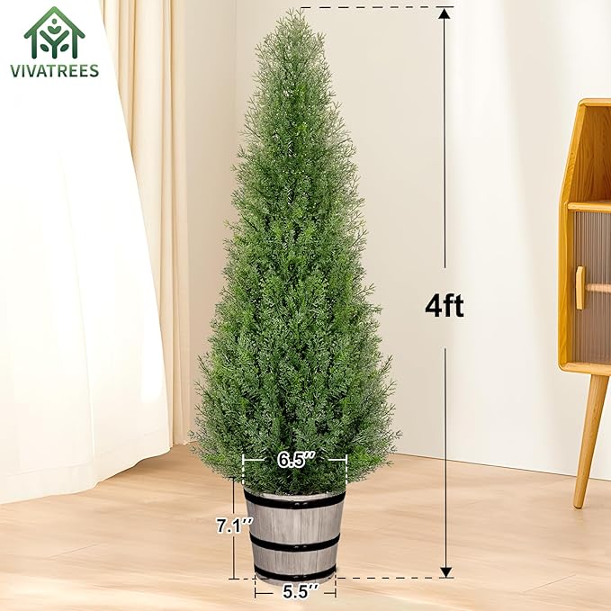 VIVATREES 4FT Artificial Cedar Topiary Trees with Rustic Barrel Planter, Outdoor Indoor Realistic Faux Pine Shrubs Plants, Fake Cypress Trees for Home Offices Porch Decor, Set of 2