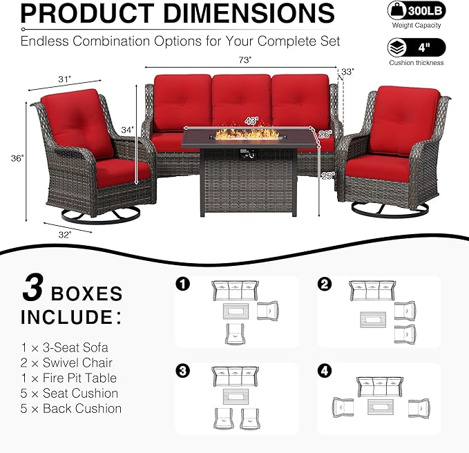 Joyside 4 Piece Wicker Patio Furniture Set with Fire Pit Table, Outdoor Swivel Rocker Patio Chairs with High Back, Deep Seating, Wide Armrest, Thickened Cushions, Outdoor Furniture for Deck, Porch Use