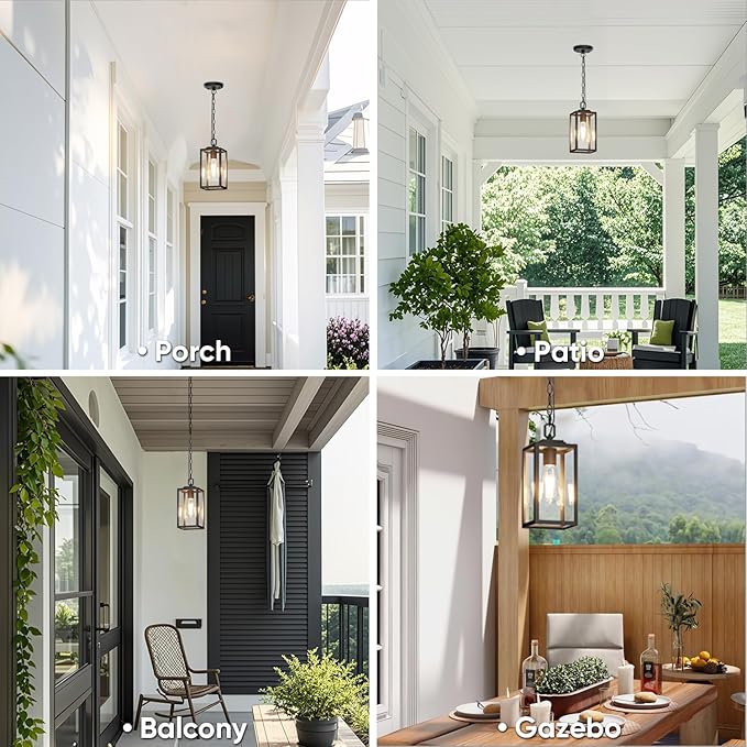 Modern Outdoor Pendant Light, 1-Light Outdoor Hanging Lantern Light, Matte Black Aluminum with Clear Glass, Exterior Pendant Lighting Fixture for Porch, Yard, Gazebo