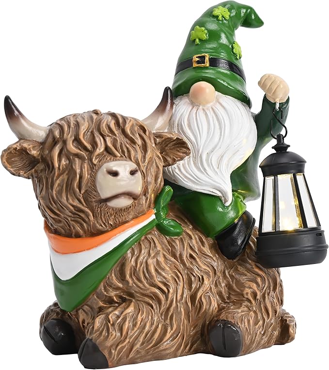 TERESA'S COLLECTIONS St Patricks Decorations for Outdoor Decor,Gnomes Resin Riding Highland Cow and Holding Lantern with Solar Lights for Outside,Shamrock Leprechaun Figurine, Irish Gifts,8.7"