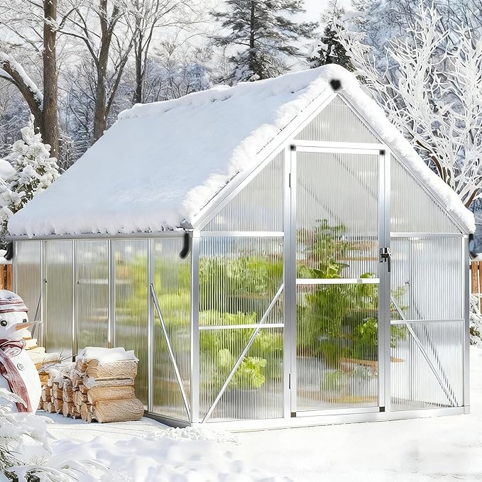 8x10ft Outdoor Greenhouse, Green Houses for Outside Walk-in Kit with Roof Vent, Polycarbonate Greenhouse for Winter & All Season Use, Heavy Duty Aluminum Frame