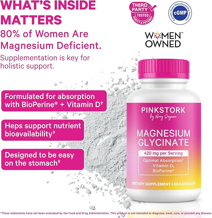 Pink Stork Magnesium Glycinate with Vitamin D - Magnesium Supplement for Women to Support Natural Calm, Mood, and Sleep - Hormone Balance for Women - 60 Capsules, 1 Month Supply